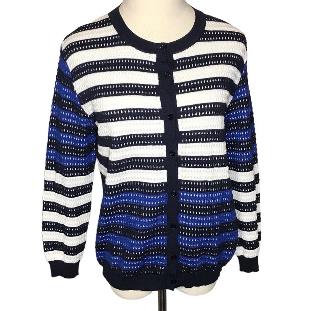 Lands’ End Size Small Eyelet Knit Striped Cardigan-Made in Italy-Nautical